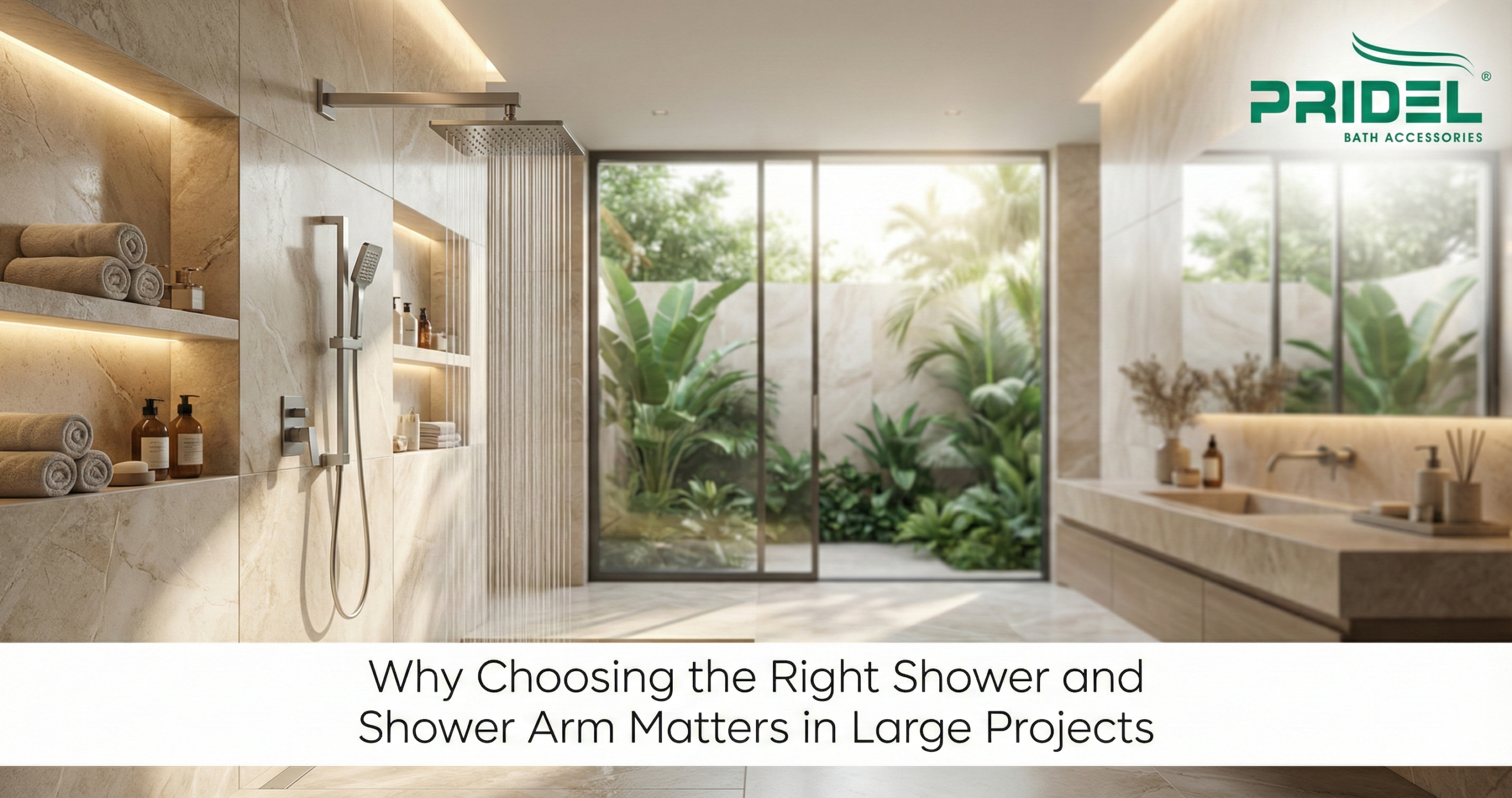 Premium stainless-steel shower and shower arm by Pridel, designed for luxury bathrooms in hotels, high-rises, and villas—proving why the right shower system matters in every large project.