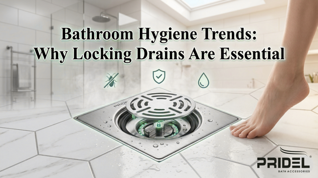 A premium stainless steel locking insert drain by Pridel Bath Accessories installed in a modern marble bathroom. The image highlights the locking mechanism that prevents pests, odors, and water backflow, featuring a "Bathroom Hygiene Trends" headline.