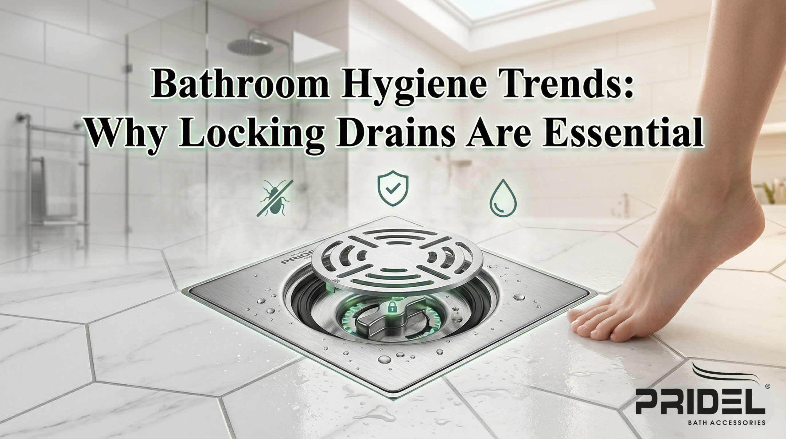 A premium stainless steel locking insert drain by Pridel Bath Accessories installed in a modern marble bathroom. The image highlights the locking mechanism that prevents pests, odors, and water backflow, featuring a "Bathroom Hygiene Trends" headline.