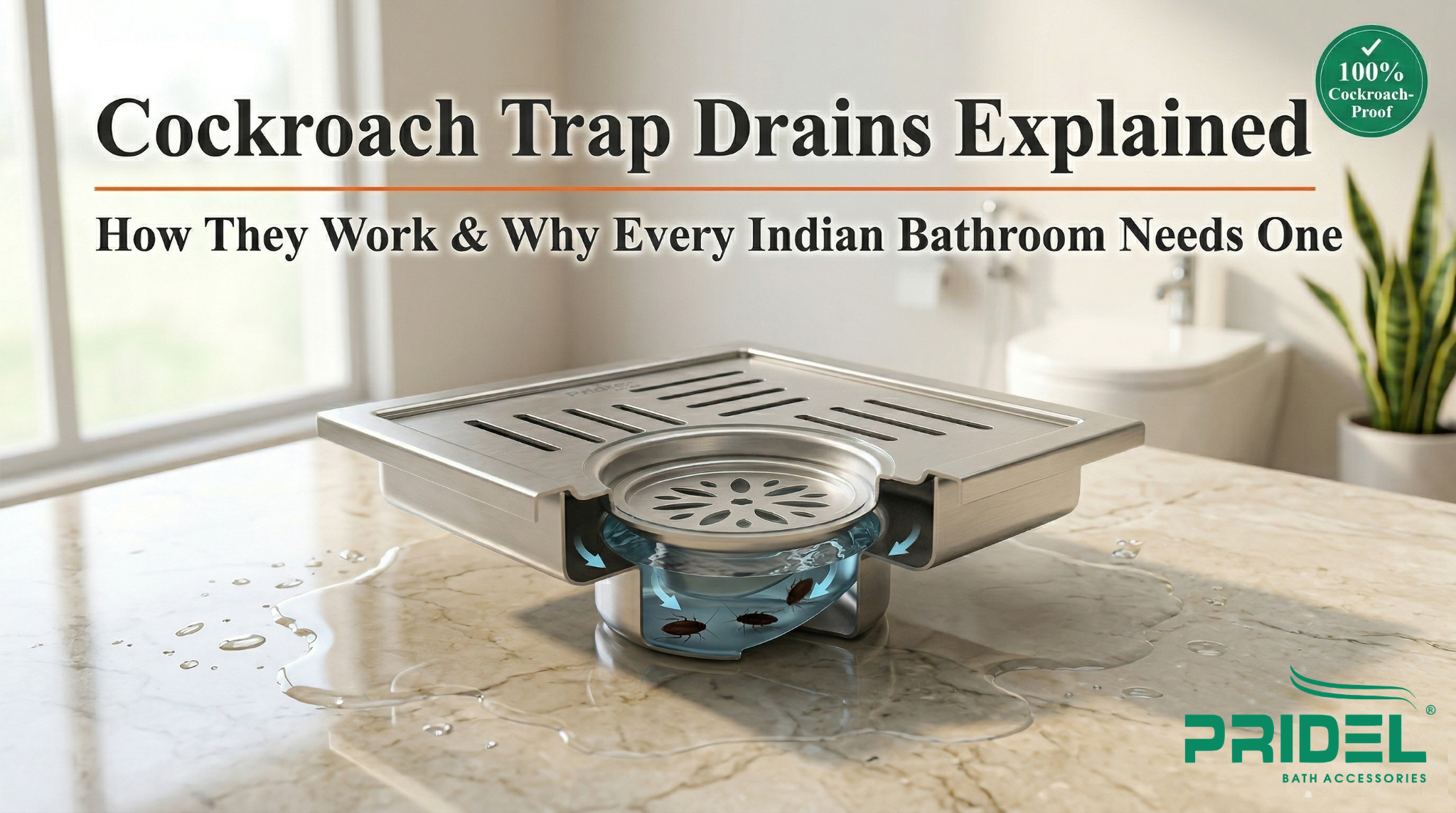 Pridel anti-cockroach floor drain trap with cutaway view showing U-trap water seal mechanism blocking cockroaches in a modern Indian bathroom. Text overlay reads "Cockroach Trap Drains Explained."